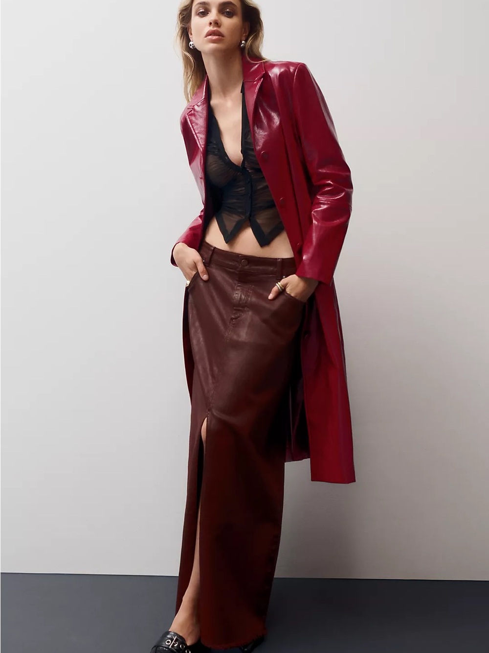 Anthropologie Pilcro Madi Front Slit Coated Denim Skirt Burgundy 14 NWT - Picture 2 of 15